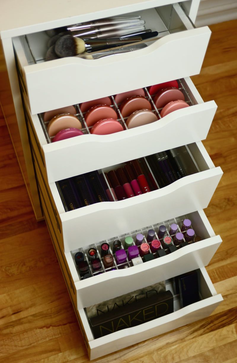 Acrylic Makeup organizer fit Ikea Alex drawer set insert divider Sonny Cosmetics Lipstick Blush Palettes Mascara